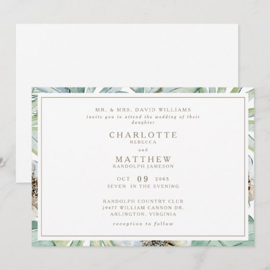 Tropical Horizontal Gold White Wedding Einladung (Vorne/Hinten)