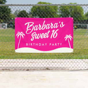 Tropical Hot Pink White Palm Tree Script Sweet 16 Banner