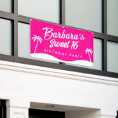 Tropical Hot Pink White Palm Tree Script Sweet 16 Banner (Äußeres Gebäude)