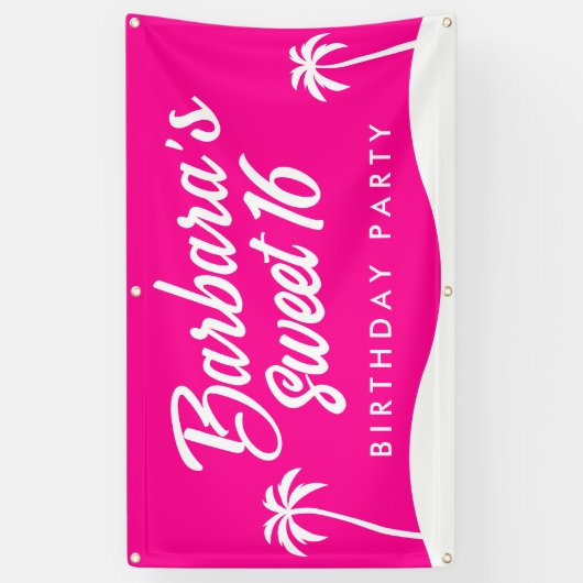 Tropical Hot Pink White Palm Tree Script Sweet 16 Banner (Vertikal)