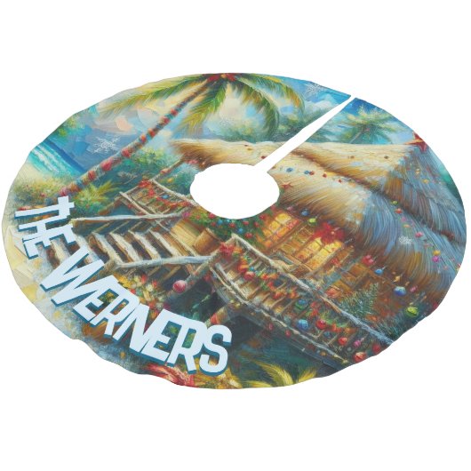 Tropical Hut Christmas Palm Tree Personalized Polyester Weihnachtsbaumdecke (Schrägansicht)