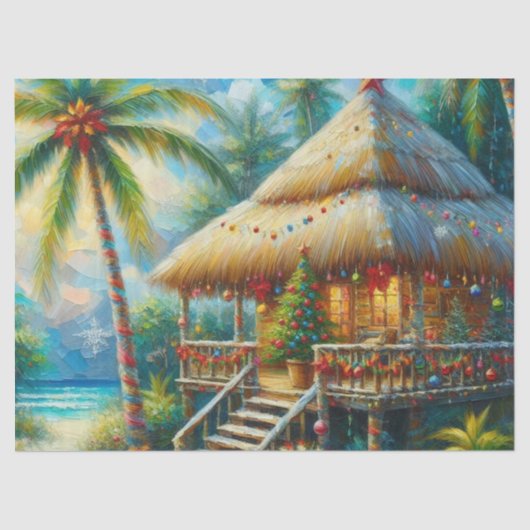 Tropical Hut Weihnachts Palm Tree Beach Decoupage Seidenpapier (Vorderseite)