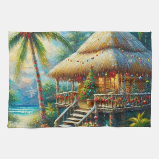 Tropical Hut Weihnachts Palm Tree Beach Lights Geschirrtuch (Horizontal)