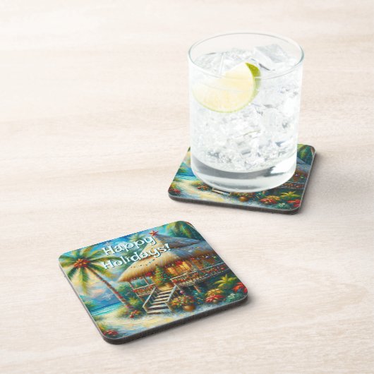 Tropical Hut Weihnachts Palm Tree Beach Lights Getränkeuntersetzer (Rechte Seite)