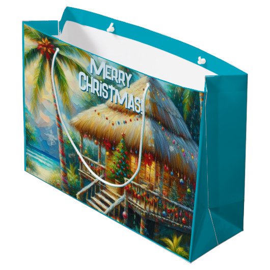Tropical Hut Weihnachts Palm Tree Beach Lights Große Geschenktüte (Rückseite Schrägansicht)