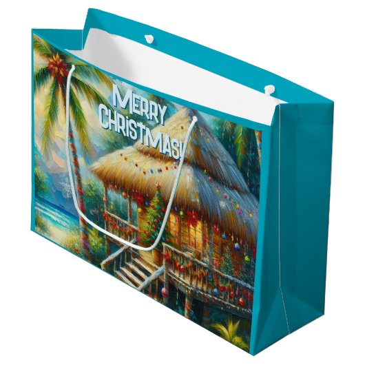 Tropical Hut Weihnachts Palm Tree Beach Lights Große Geschenktüte (Vorderseite Schrägansicht)