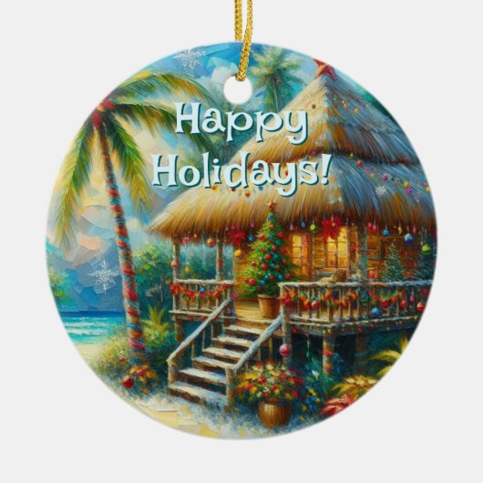 Tropical Hut Weihnachts Palm Tree Beach Lights Keramik Ornament (Vorne)