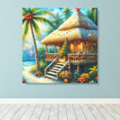 Tropical Hut Weihnachts Palm Tree Beach Lights Leinwanddruck (Insitu (Holzboden))