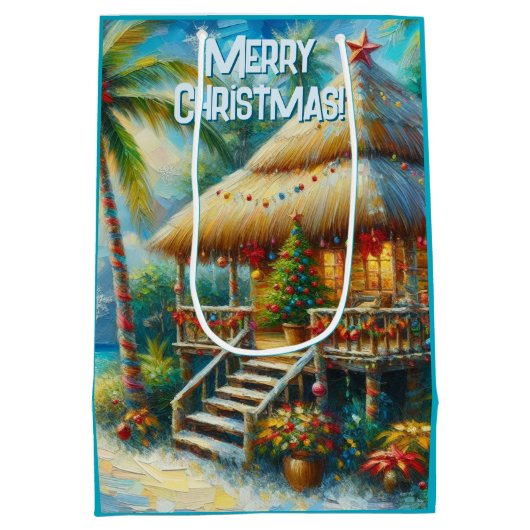 Tropical Hut Weihnachts Palm Tree Beach Lights Mittlere Geschenktüte (Rückseite)
