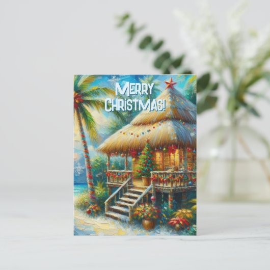 Tropical Hut Weihnachts Palm Tree Beach Lights Postkarte (Stehend Vorderseite)