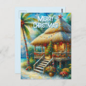 Tropical Hut Weihnachts Palm Tree Beach Lights Postkarte (Vorne/Hinten)