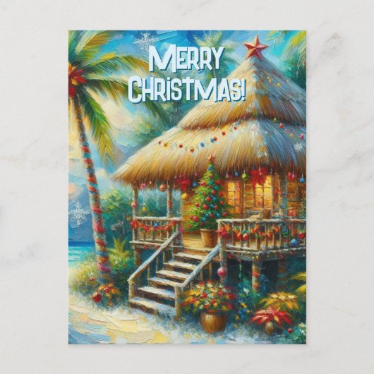 Tropical Hut Weihnachts Palm Tree Beach Lights Postkarte (Vorderseite)
