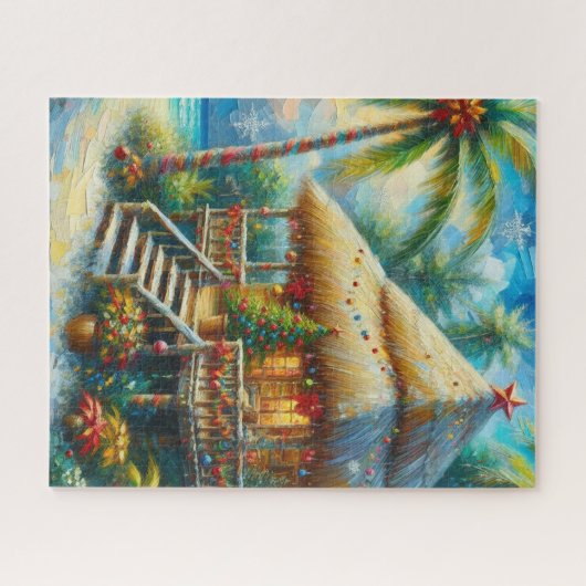Tropical Hut Weihnachts Palm Tree Beach Lights Puzzle (Horizontal)