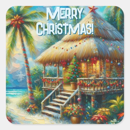 Tropical Hut Weihnachts Palm Tree Beach Lights Quadratischer Aufkleber (Vorderseite)