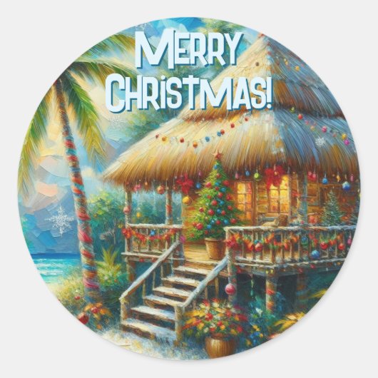 Tropical Hut Weihnachts Palm Tree Beach Lights Runder Aufkleber (Vorderseite)