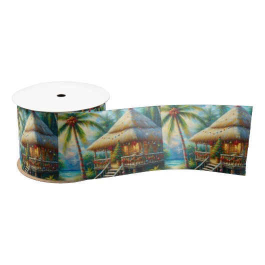 Tropical Hut Weihnachts Palm Tree Beach Lights Satinband (Spule)