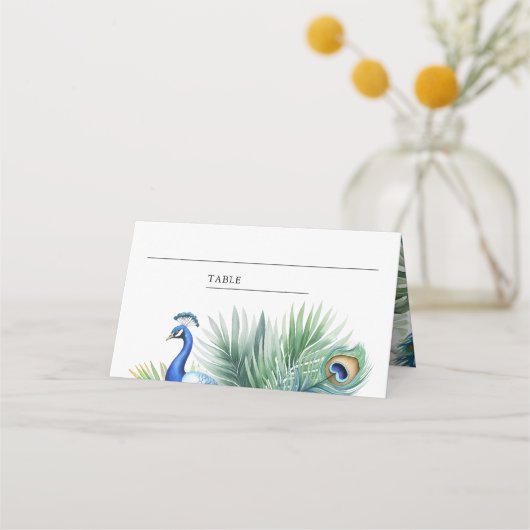 Tropical Indian Peacock Feather Wedding Platzkarte (Vorderseite)