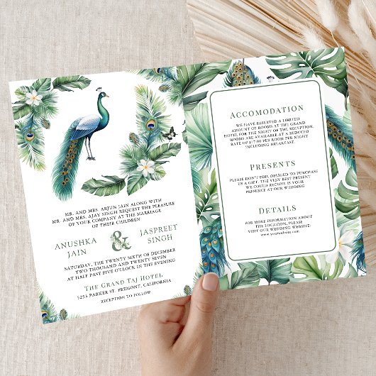 Tropical Indian Peacock Floral All in One Wedding Einladung