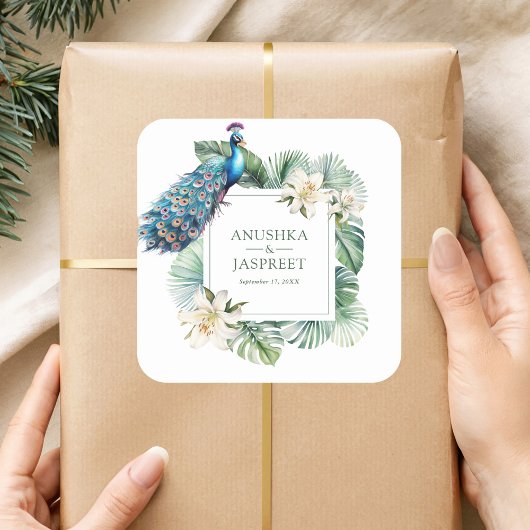 Tropical Indian Peacock Floral Wedding Quadratischer Aufkleber