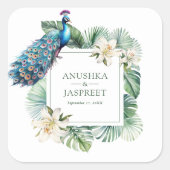 Tropical Indian Peacock Floral Wedding Quadratischer Aufkleber (Vorderseite)