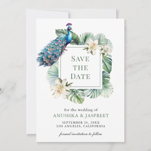 Tropical Indian Peacock Floral Wedding Save The Date (Vorderseite)