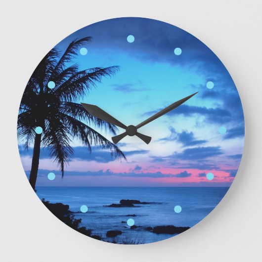 Tropical Island Beach Ocean Pink Blue Sunset Foto Große Wanduhr (Vorderseite)
