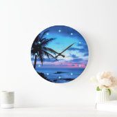 Tropical Island Beach Ocean Pink Blue Sunset Foto Große Wanduhr (Zuhause)