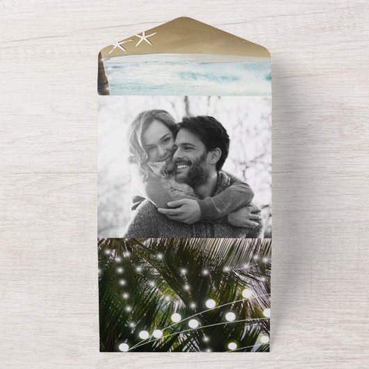 Tropical Island Beach Palm Tree Lights Wedding All In One Einladung (Außenbereich)