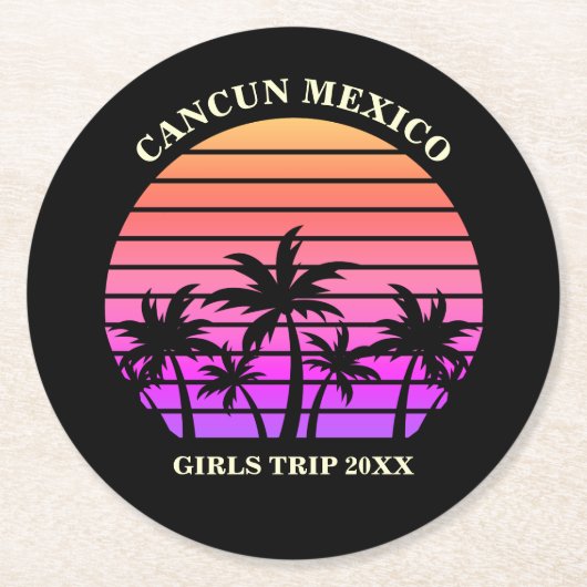 Tropical Island Beach Palm Tree Pink Black Party Runder Pappuntersetzer (Vorderseite)