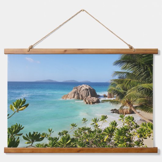 Tropical Island Beach Rocks Palmen Trees Wandteppich Mit Holzrahmen (Vorne)