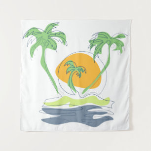 Tropical island beach scenery. Outline palm tree Wandteppich
