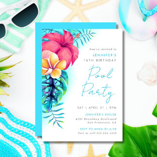 Tropical Island Blume Pool Party Geburtstagsaqua Einladung