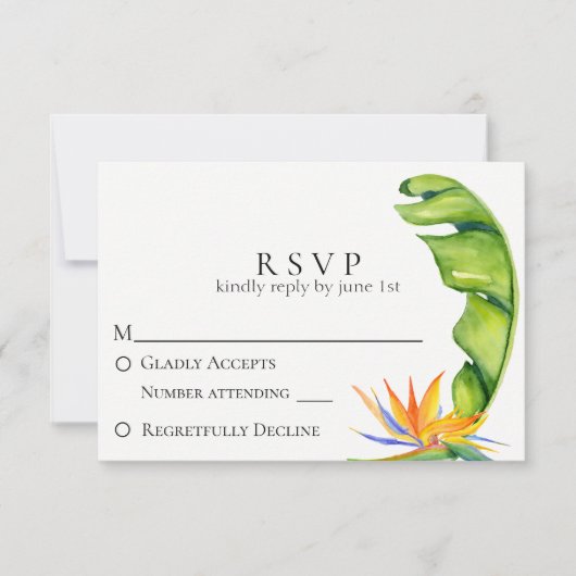 Tropical Island Botanical Wedding RSVP Karte (Vorderseite)