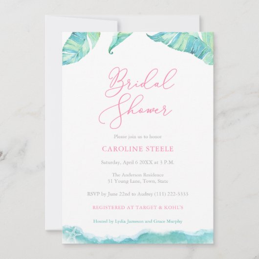 Tropical Island Brautparty Aqua and Fuchsia Einladung (Vorderseite)