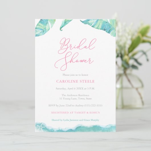 Tropical Island Brautparty Aqua and Fuchsia Einladung (Stehend Vorderseite)