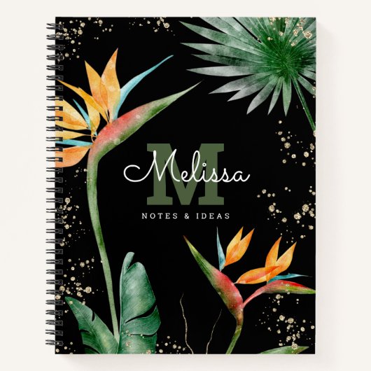 Tropical Island Floral Black Gold Monogram Script Notizblock (Vorderseite)