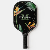Tropical Island Floral Monogram Script Black Gold Pickleball Schläger (Vorderseite)