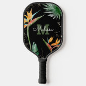 Tropical Island Floral Monogram Script Black Gold Pickleball Schläger (Rückseite)