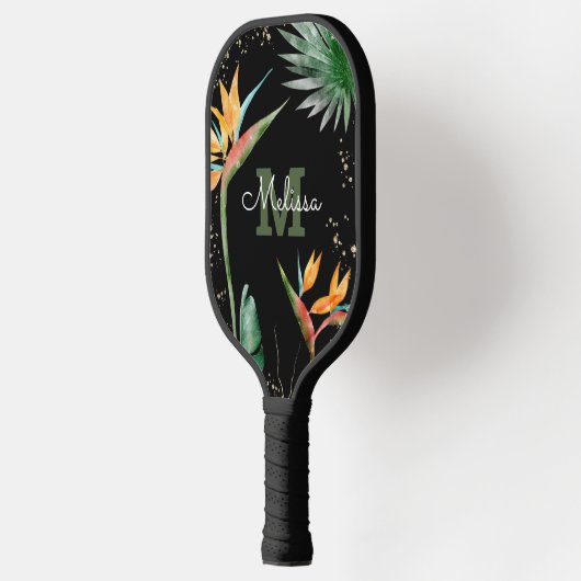 Tropical Island Floral Monogram Script Black Gold Pickleball Schläger (Links)