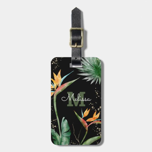 Tropical Island Floral Monogram Script Gold Black Gepäckanhänger (Vorderseite vertikal)
