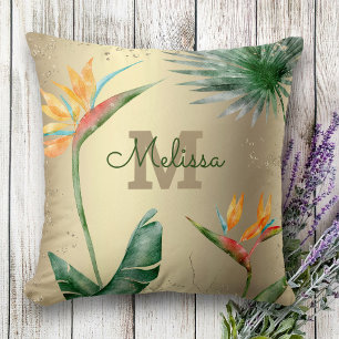 Tropical Island Floral Monogram Script Gold Foil Kissen