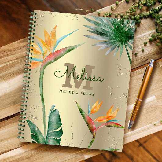 Tropical Island Floral Monogram Script Gold Foil Notizblock