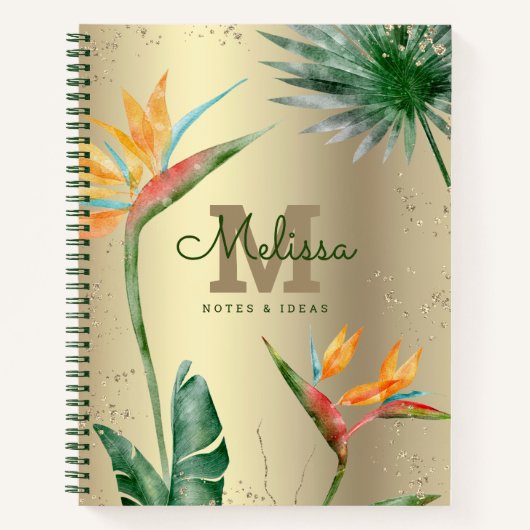 Tropical Island Floral Monogram Script Gold Foil Notizblock (Vorderseite)