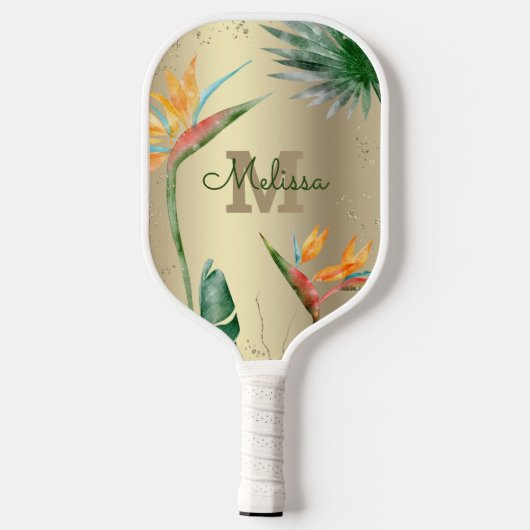 Tropical Island Floral Monogram Script Gold Foil Pickleball Schläger (Rückseite)