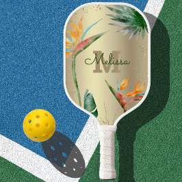Tropical Island Floral Monogram Script Gold Foil Pickleball Schläger