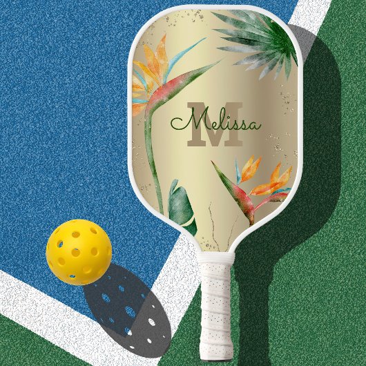 Tropical Island Floral Monogram Script Gold Foil Pickleball Schläger