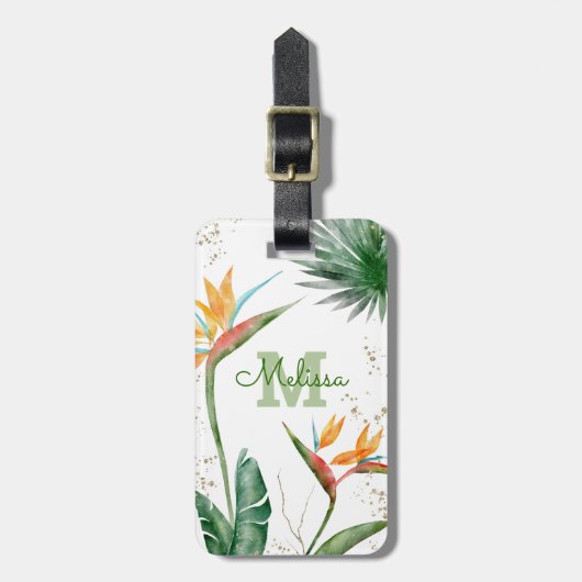 Tropical Island Floral Monogram Script Gold White Gepäckanhänger (Vorderseite vertikal)