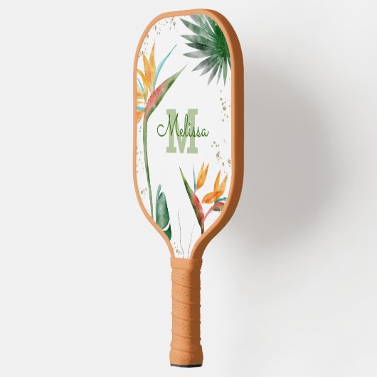 Tropical Island Floral Monogram Script White Gold Pickleball Schläger (Links)