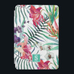 Tropical Island Floral Muster mit Monogram iPad Mini Hülle<br><div class="desc">Ein wunderschönes, im Stil einer exotischen Insel gestaltetes Gehäuse mit farbenfrohen tropischen Orchideen, Lilien und Papageien in Orange, Rosa, Rot, lila und Weiß. Palmfronten und tropisches Blattwerk verteilen sich über das gesamte Design mit einem kontrastierenden, weißen Hintergrund, um alle Farben Pop zu machen. Ein quadratischer Rahmen umschließt ein Monogramm-Initial, das...</div>