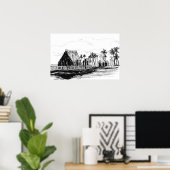 Tropical Island Huts Palm Trees Totem Poles Poster (Heimbüro)